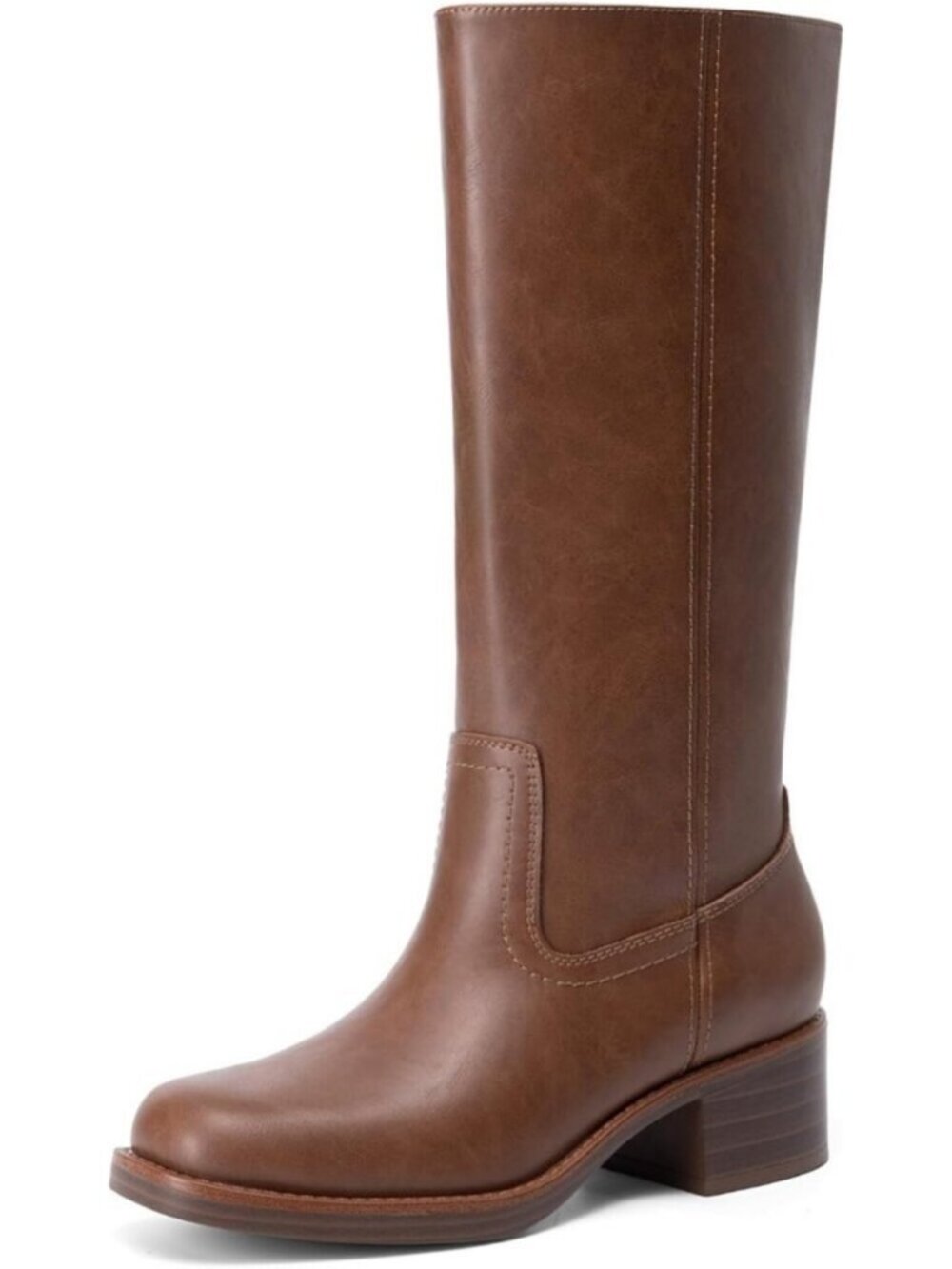 Women's Brown Knee High Square Toe Mid Calf Boots Retro Western Block Heel Boots